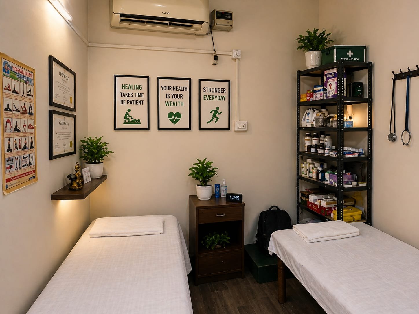 Physiotherapy treatment room with beds and supplies